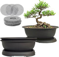 MUZHI 3 Pack Oval Bonsai Training Pot with Drainage Tray, Matte Finish Nursery Plastic Bonsai Planter with 25PCS 2inch Mesh pad (5.2" Small)