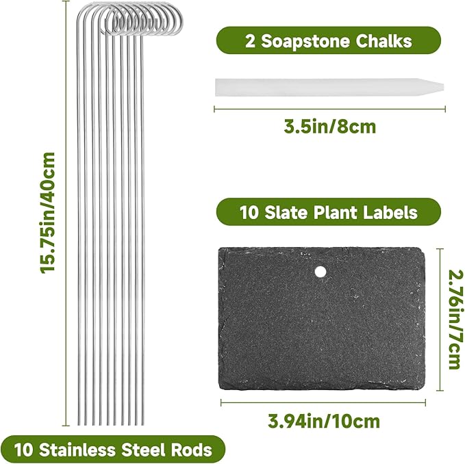 KINGLAKE Large Slate Plant Labels - 10 Pcs Slate Garden Plant Labels Tags with Metal Stakes and Chalk Pencils Tall Garden Plants Markers Signs for Outdoor Plants Vegetables Herb Flower Bed Pots