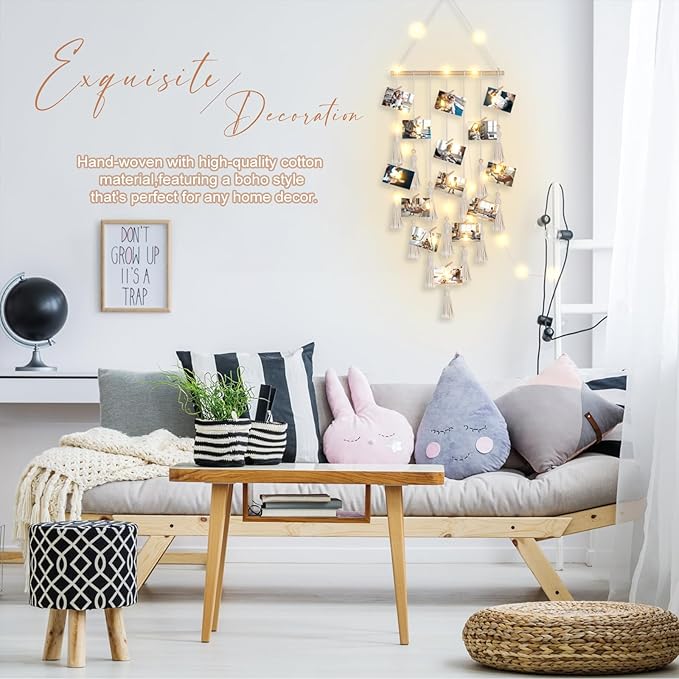ANROYE Macrame Hanging Photo Display, Picture Holder with 30 Clips for Bedroom Wall, Polaroid Boho Gallery Hangers with LED Light String, Room Decor Gifts for 10 11 12 13 14 Year Old Teen Girl