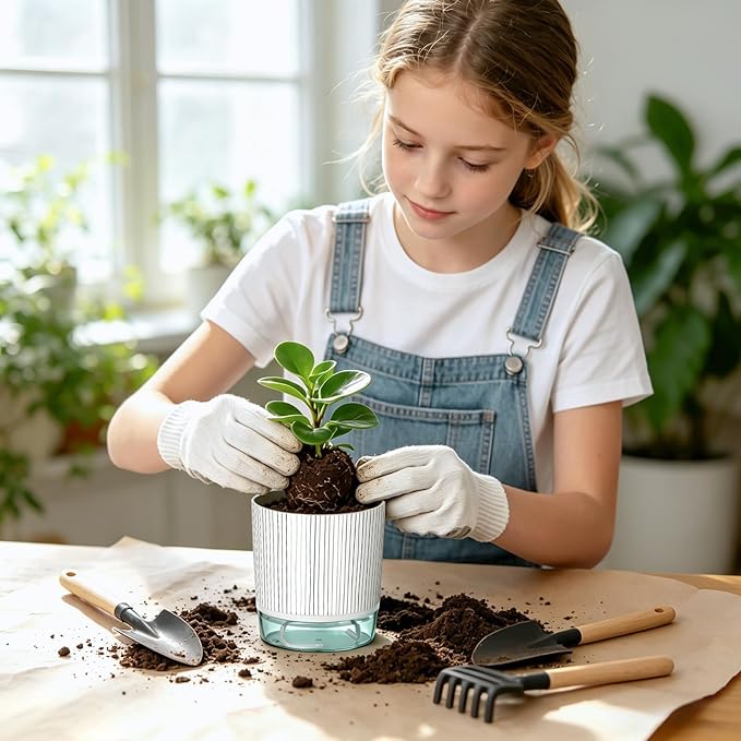 Self Watering Pots for Indoor Plants, 4 and 5.3 Inch, Plastic, Black Stripes, Round, Modern, Tabletop