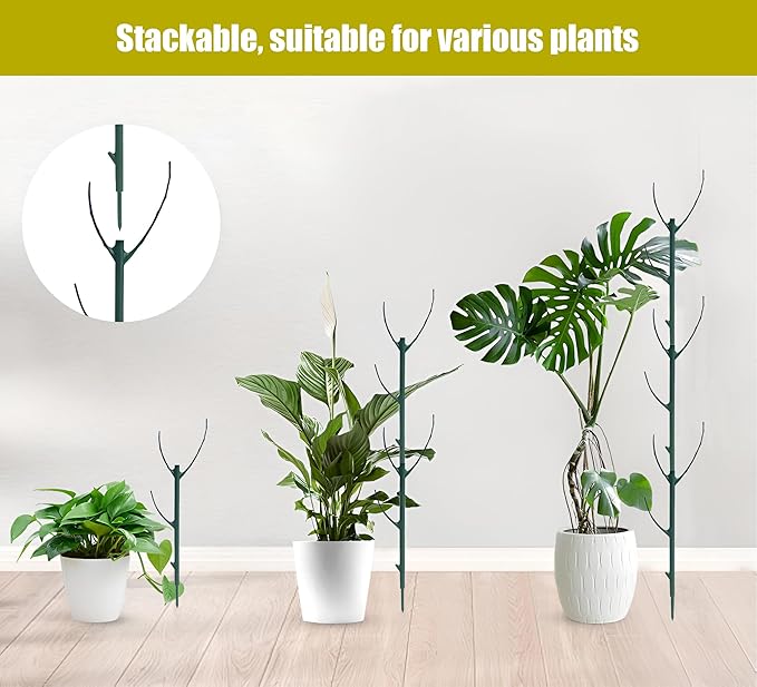 10 Pack Stackable Monstera Plant Support, Climbing Plant Support Stakes for Indoor Outdoor Plants, Moss Pole Monstera Plant Support with 2 Bundle Strap and 20 Pcs Plant Clips