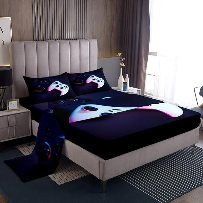 Feelyou Gamer Bedding King Size for Boys Kids Bed Cover Set Gaming Video Game Sheets Deep Pocket Breathable Men Teens Game Room Decor Sheet