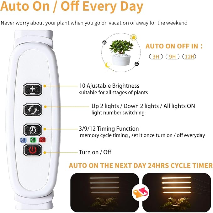 RWNTAO LED Plant Grow Lamp, 3500K Full Spectrum Growing Light Strips for Indoor Small Plants with 3/9/12H Timer & 10 Dimmable Levels, LED Growth Light for Green House Hydroponics Succulent 2 Pack