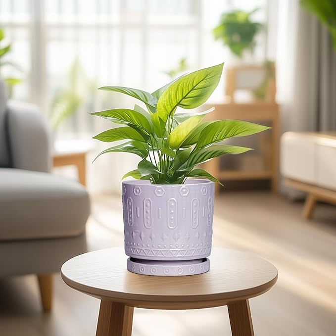 Eightpot Ceramic Pots for Plants, 6 Inch Plant Pot for Indoor Outdoor Plants, Round Planter with Drainage Holes and Saucer, Boho Decorative Flower Pots, Apartment Decor, Plant Lover Gifts, Purple