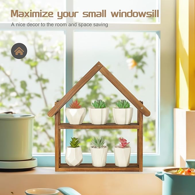 Jotsport 2 Tier Windowsill Plant Stand Small House Wood Plant Shelf Desktop Succulents Holder for Kitchen Living Room Office
