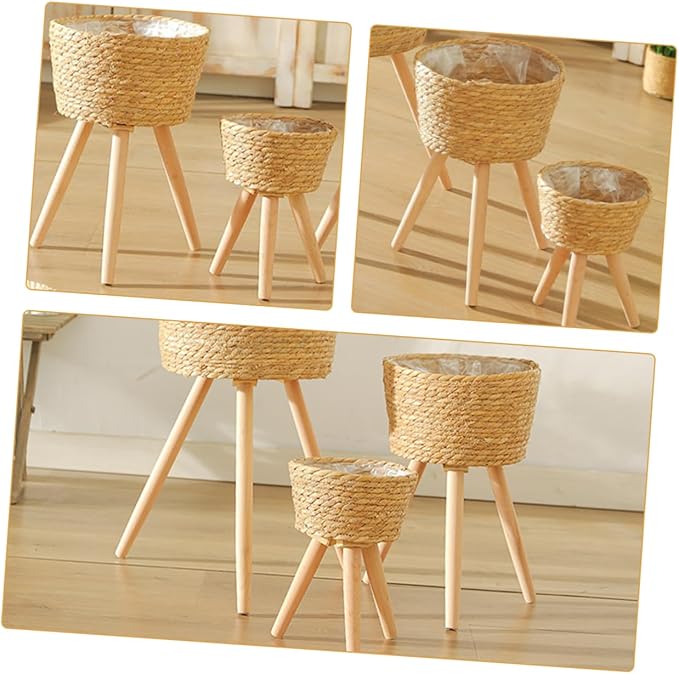Rattan Planter with Legs Wicker Basket Plant Stand Indoor Outdoor Flower Pot Holder for Balcony Home Decor 9.05X7.08X7.08 Inches