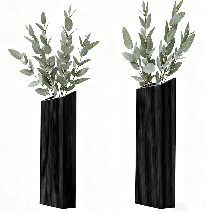 2 Pack Black Wood Hanging Wall Planter Vases - Farmhouse Boho Wall Pockets for Faux Greenery, Dried Flowers, Eucalyptus Stems, Modern Indoor Wall Decor for Living Room Bedroom Office