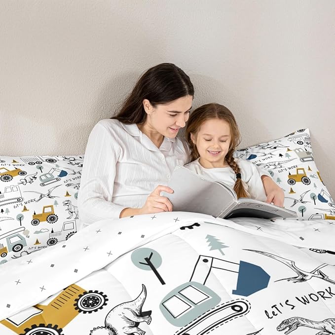 Feelyou Construction Comforter Set Queen Size Kids Cartoon Car Excavator Tractor Toddler Comforter Equipment Trucks Dinosaur Comforter Set Construction Vehicles White Yellow Duvet Set Quilt Set