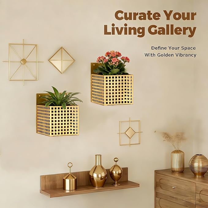 Wall Planters for Indoor Plants, Wall Plant Holder Self-Watering Wall Vase for Live or Faux Plants,Indoor/Outdoor Modern Gold Plant Hangers Indoor, Spirit Level Included