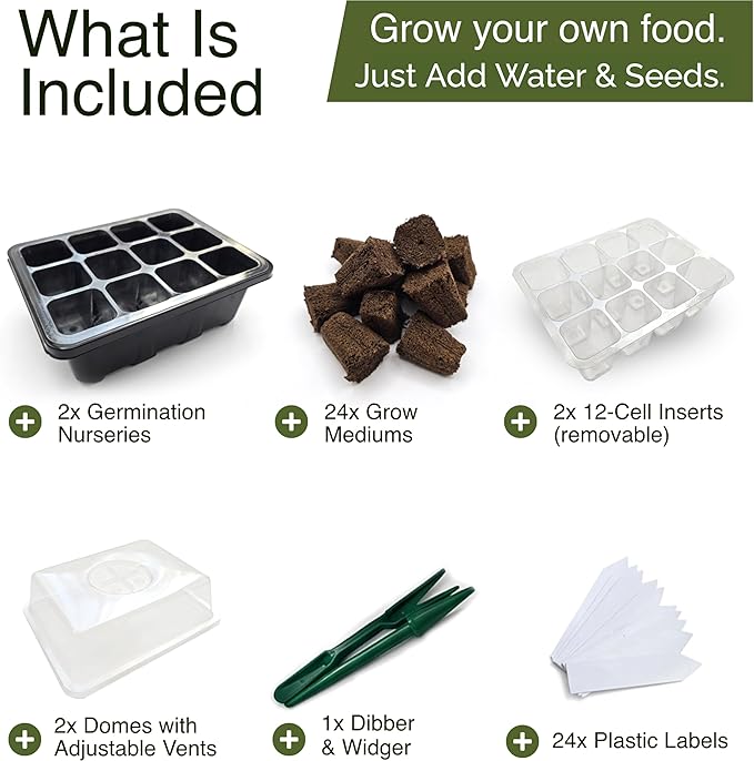 Seed Starter Tray Kit – Indoor Seed Starting Kit with Humidity Domes (2-Pack), 12-Cell Seed Starter Trays, 24 Organic Grow Plugs, Labels & Replanting Tools