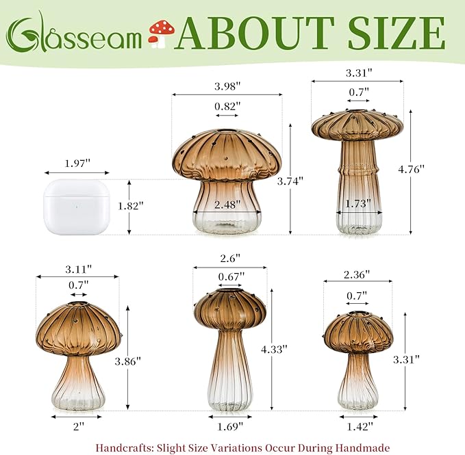 Glasseam Mushroom Plant Propagation Stations: Amber Glass Terrarium Jar Set of 5 Cute Planters for Indoor Plants Mini Propagate Station Unique Christmas Birthday Gifts for Women Home Office Decor