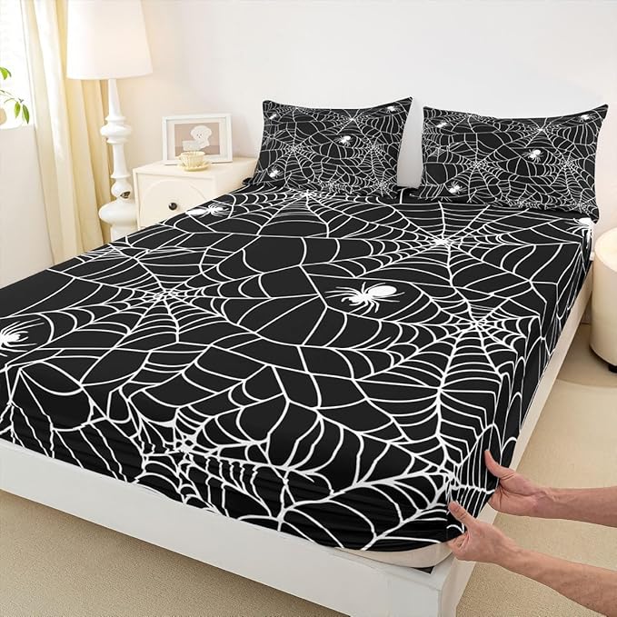 Feelyou Boys Spider Web Sheet Set for Kids Children Halloween Themed Bed Sheet Set King Girls Decorative Scary Spider Pattern Sheets Soft Bed Set Black White,Flat Sheet+ Fitted Sheet + 2 Pillow Case