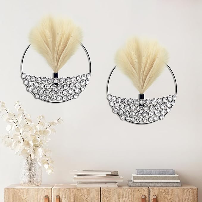 2 Pcs Boho Wall Decor Hanging Planters with Artificial Pampas Bling Jeweled Wall Mounted Metal Decor Modern Home Decor Display Wall Art for Bedroom Bathroom Living Room