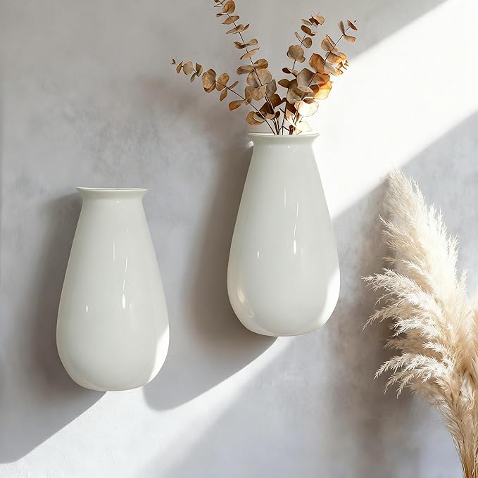 Hanging Ceramic Planters for Indoor Plants, Set of 2 Wall Mounted Planters, White Ceramic Pots for Indoors, Wall Hanging Planter for Living Room, Bedroom, Garden, Home Décor, Plant Hanger for Balcony