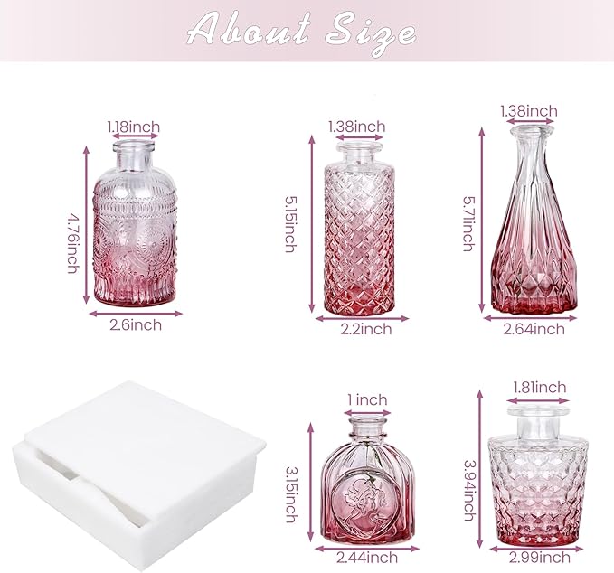 TBWIND Pink Day Glass Bud Vase Set of 5, Small Flower Vases for Centerpieces in Bulk, Mini Vintage Vase for Wedding Decor, Single Flowers, and Home Table Décor