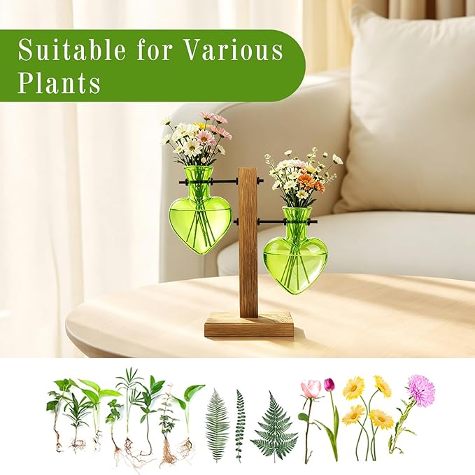XXXFLOWER Plant Terrarium Wooden Stand, Hydroponic Planter Bulb Glass Metal Swivel Holder Retro Air Plants Water Plants for Home Office Decoration Gifts for Plant Lover Mom- 2 Green Love Bulb Vase