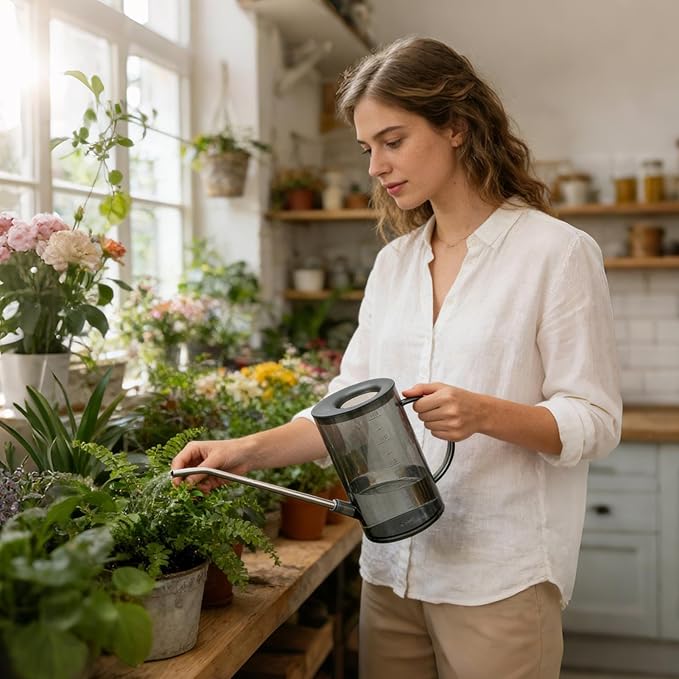 Long Spout Watering Cans | Small Can for Indoor Plants | 1L Clear with Handle Scale Detachable Lid | Plant Watering Devices for Flowers Succulents | Gardening Supplies