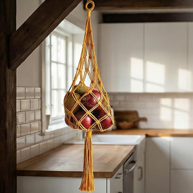 2 Packs Hanging kitchen hanging Basket, Macrame Hanging Basket Vegetable Storage holder breathable handmade basket for Potato Onion Fruit Storage,Boho Decor grocery storage bag,Yellow
