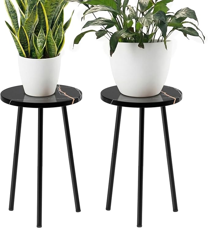 Plant Stand Indoor 2 Pack: Corner Wood 20 Inch Plant Stand Mid Century Modern Decor - Small Round Plant Table for Indoor Plants - Plant Holder for Patio Living Room Bathroom Office (Black Marble)