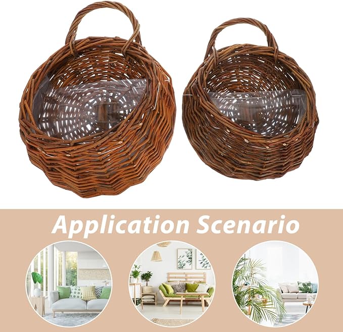 Yardwe 2Pcs Woven Wall Hanging Flower Baskets, Rattan Hanging Planters for Indoor Plants, Rustic Wall Decor Storage Containers, 12.20 X 10.62 X 4.72 Inches
