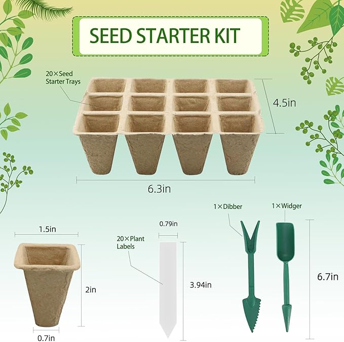 Seed Starter Tray,240 Cell Biodegradable Peat Pots Seed Starter Kit,Organic Germination Trays for Vegetable Flower Seedlings with 20 Plant Labels & 2 Garden Tools -20 Pack