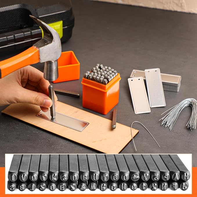 Hicarer 86 Pcs Steel Metal Stamping Set 1/8''(3mm) with Aluminum Plant Label, Steel Number and Letter Stamp Tool Kit Double Sided Write Metal Tags for DIY Making Jewelry Craft Stamping