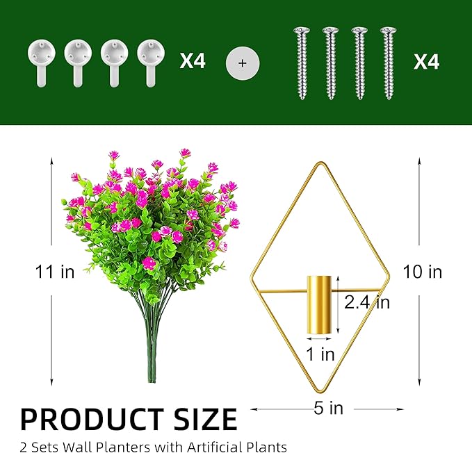 2 Pack Wall Decor Hanging Planters with Artificial Plants Metal Hanging Vase Indoor Plants Holder Modern Boho Wall Art for Bathroom Bedroom Living Room Office (Gold Eucalyptus)