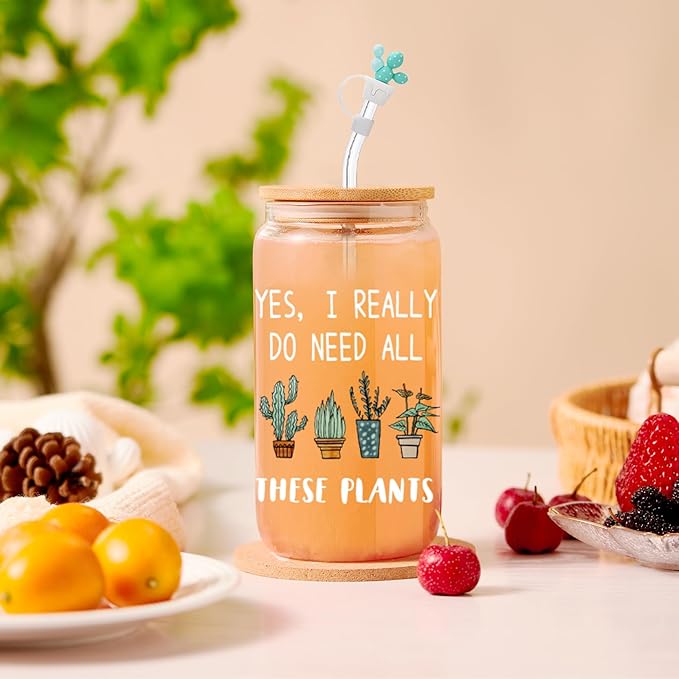 Plant Lover Gifts for Women, Cool Gardening Gifts for Plant Lady Mom, Funny Succulent Cactus Iced Coffee Glass Cup with Lid and Straw, Tote Bag, Socks, and Straw Covers
