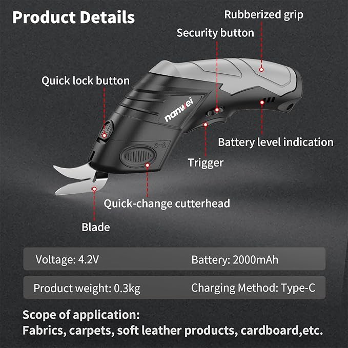 NANWEI Electric Scissors Cordless, Type-C Rechargeable Cardboard Cutter with 2 Blades, 4.2V High‑torque Motor, for Fabric Carpet Leather (Black)