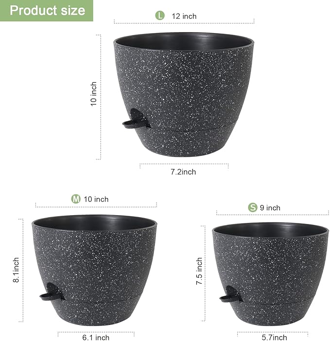 WSMKSZ 12/10/9 inch Large Self Watering Pots, Planter, Plant Pots with Mesh Drainage Holes for Indoor Outdoor Garden Plants, Plastic Flower Pots with Removable Deep Reservoir, Speckled Black