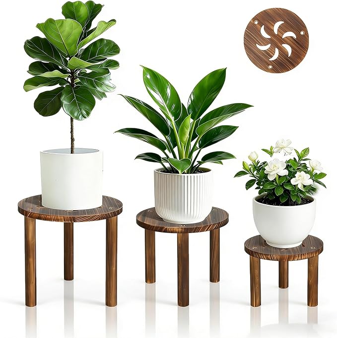 3-Pack Wooden Plant Stand Indoor, Mid Century Plant Stands for 6-11 Inch Pots, Modern Plant Stool for Large Plants, Heavy Duty Tall Plant Holder for Small Apartment Living Room Balcony Office