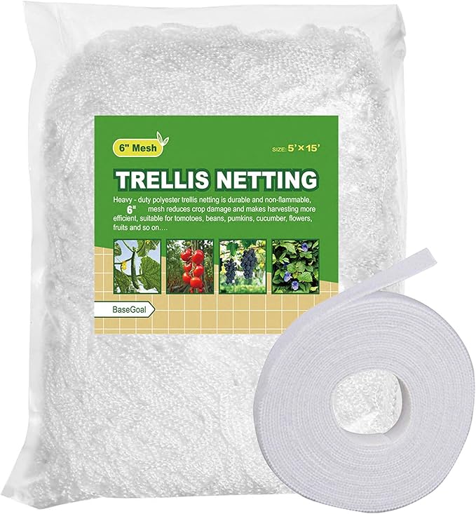 BaseGoal All-Weather Trellis Netting Mesh Plant Garden Vine Growing Flexible String Net (6" Mesh ployester, 5' Wx 15'L)