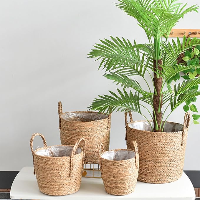 Woven Straw Flower Pot, Sea-Grass Planter Basket, Wicker Rattan Vase Sundries Organizers Storage Bins, Hand Woven Basket Planter with Plastics Liners and Handle - L 8.26x10.63inch