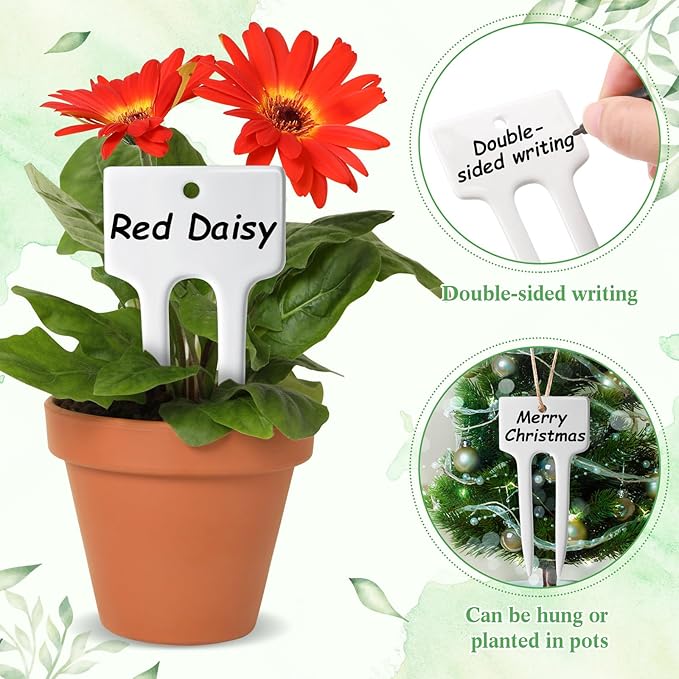 Colingmill 24 Pack Ceramic Plant Labels Garden Markers 4 Inch T-Type Plant Name Tags Herbs Succulent Name Tags for Indoor Outdoor Markers Tree Reusable Waterproof Label Stakes