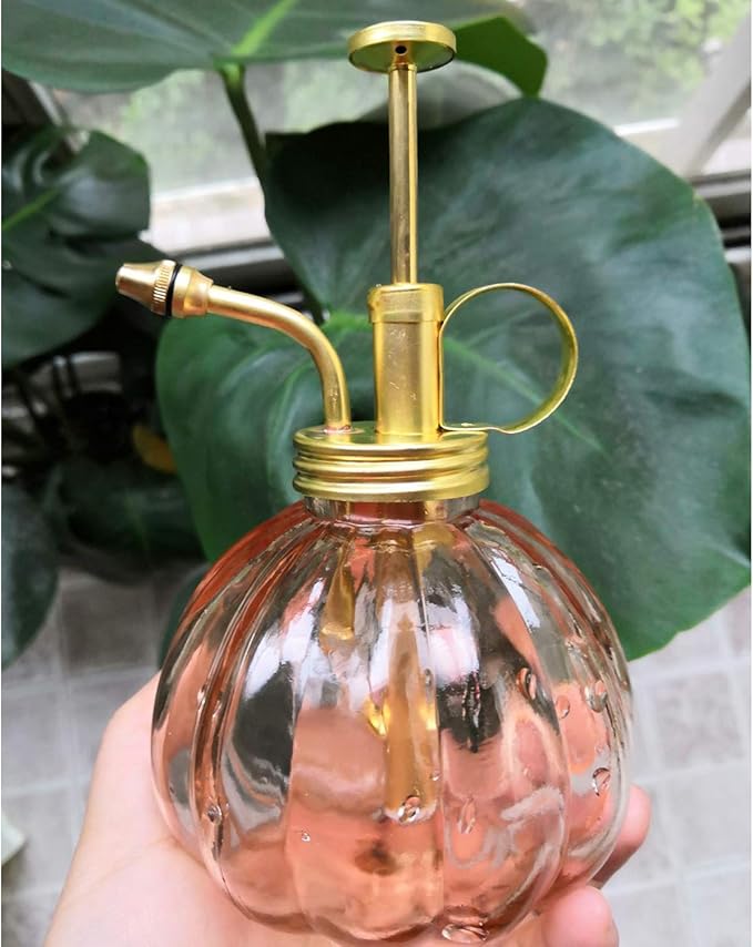 Vintage Style Glass Pumpkin Bottle Sprayer Watering Can Plant Mister with Brass Sprayer Head (Pink)