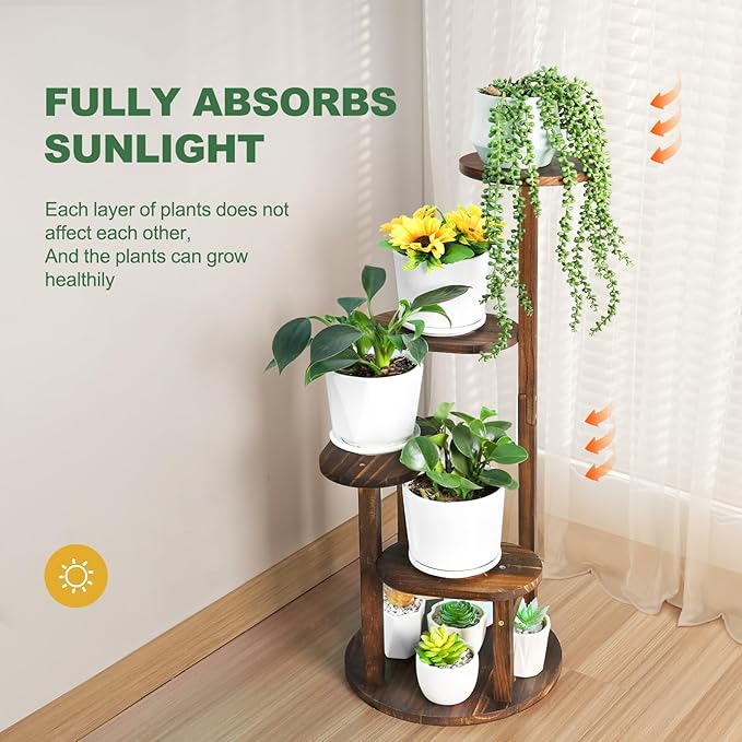 4 Tier Tall Plant Stand Indoor, Wood Corner Plant Shelf for Multiple Plants, Sturdy Oval Tiered Flower Pot Holder Display Rack for Living Room Balcony Patio, Carbonized Pine Wood