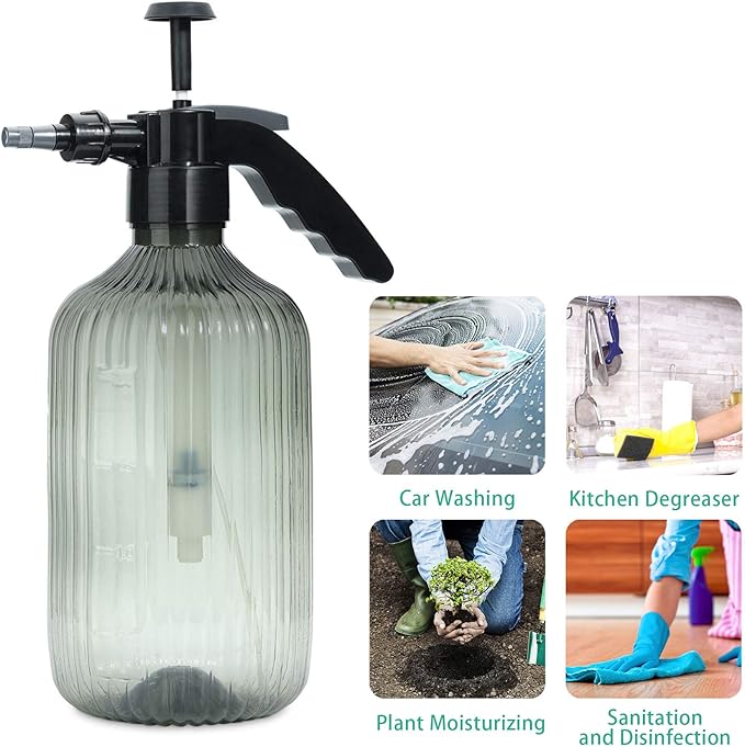 T4U Fine Mist Spray Bottle Plastic Grey 2L, Hand Held Pressure Plant Mister with Top Pump, Empty Water Sprayer Watering Can with Adjustable Nozzle for Indoor and Outdoor Gardening and Home Cleaning