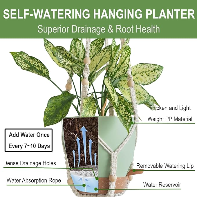 Bouqlife Larege Hanging Planters with Macrame Plant Hangers for Indoor Outdoor Plants 3 Set 10" / 8" / 7" Self Watering Pots Hanging Baskets Flower Pot Holders 3 Different Size Green Large