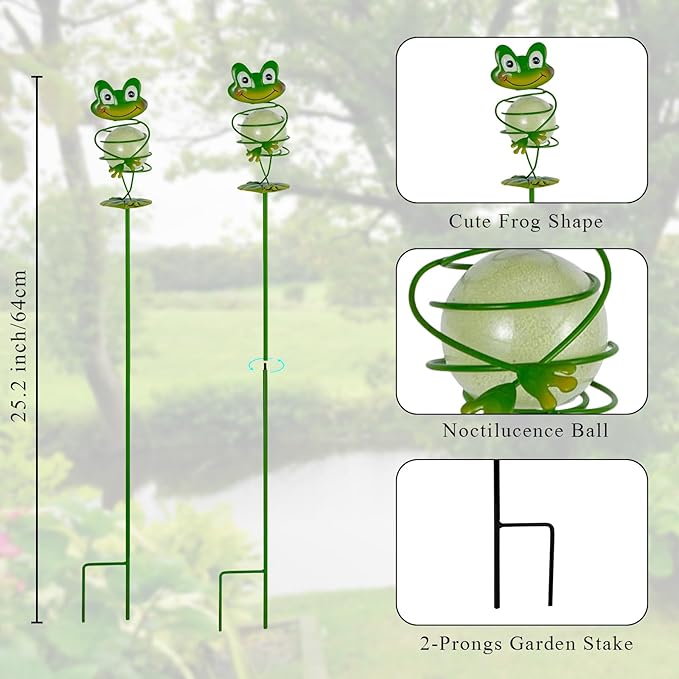Frog Garden Stakes, 25" H Noctilucent Decorative Garden Stakes, 3 Pcs Glowing Metal Yard Art for Outdoor Spring Lawn Patio Pathway Decor
