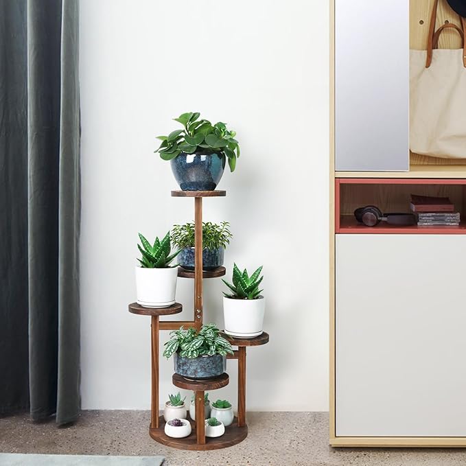 5 Tier Plant Stand Indoor, Tall Wood Corner Plant Shelf for Multiple Plants, Multi-tiered Flower Pot Holder Display Rack for Living Room, Balcony, Patio (Carbonized Brown)