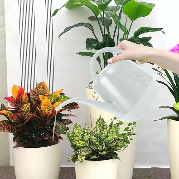 Watering Can 1 Gallon with Comfortable Handle, Flower Patterns Watering Can Indoor Plants, Plastic Long Spout Watering Can for House Plants Succulent Bonsai Garden Flower Outdoor (White)
