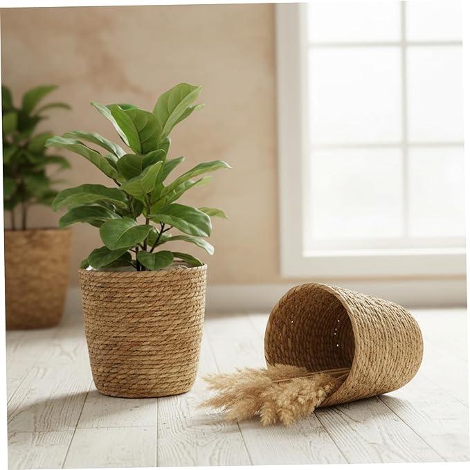 Woven Straw Flower Pot, 12 Inch Sea-Grass Planter Basket, Wicker Rattan Vase Sundries Organizers Storage Bins, Hand Woven Basket Planter with Plastics Liners and Handle for Indoor Outdoor Plant