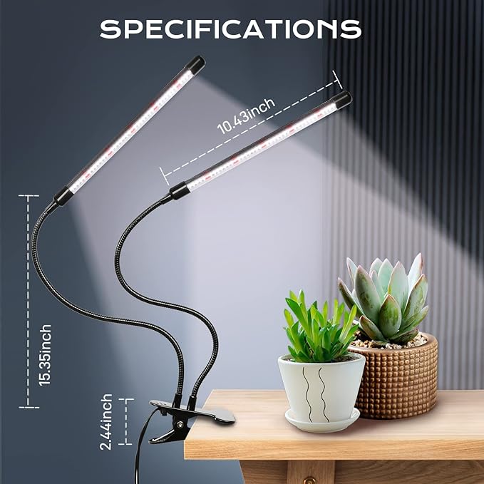 iPower LED Grow Light with Full Spectrum for Indoor Plants, Adjustable Gooseneck, 2/3 Light Modes&5/10 Dimmable Levels, 3 Auto Timing Modes, 2 Tubes, White