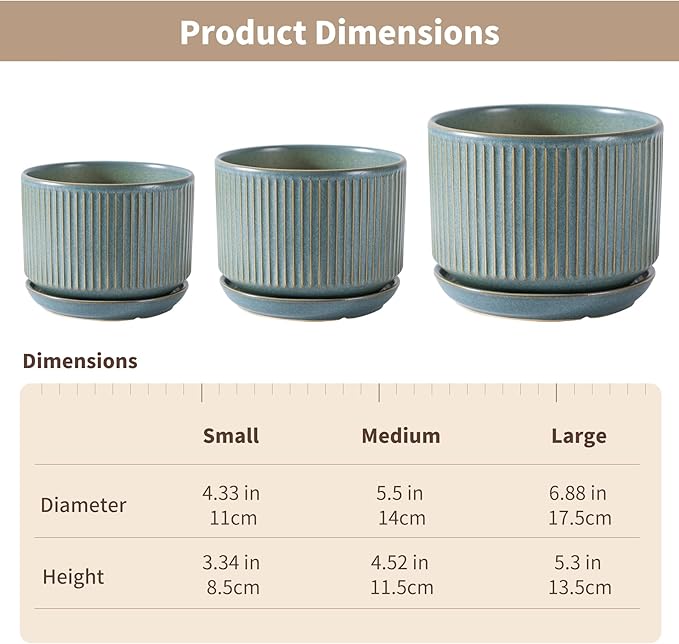SURE YUESI Green Ceramic Plant Pots Set of 3 (4.3”+5.5”+6.7”), Indoor Striped Planters with Drainage Hole, Mesh Pads, Decorative Pots for Plants & Gardening