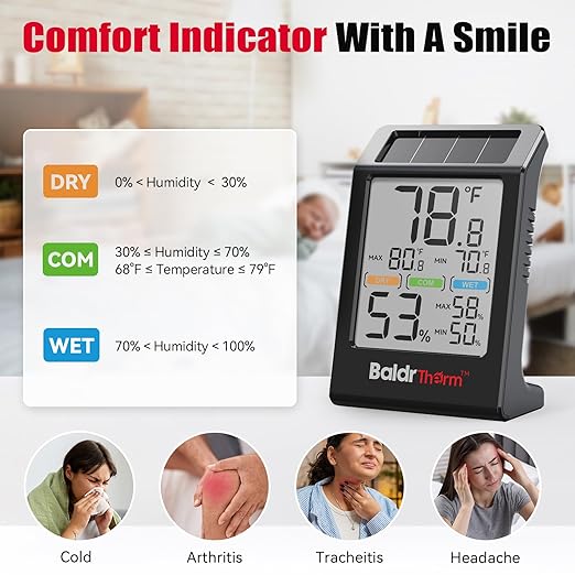 BaldrTherm Room Thermometer Indoor Humidity Meter Solar Powered with Max/Min Memory & Comfort Indicator - 3.2" Large Display for Home, Black, 1Pack