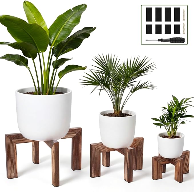 Pinkunn 3 Pcs Wood Plant Stand Indoor Plant Stand for 3-12 Inch Pots Mid-century Modern Plants Stool Plants Pot Holder Home Decor for Balcony Living Room Office Courtyard Detachable(Classic Style)