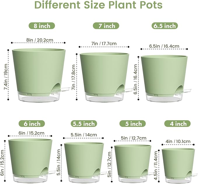 Meowell Self Watering Pots Set of 7 – Assorted Size 4" to 8" Indoor Plant Pots with Drainage Holes and Clear Reservoir for Visible Water Level, Plastic Wicking Planter for House Plants & Flower, Green