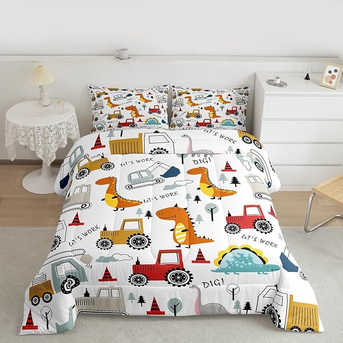 Feelyou Construction Comforter Set Kids Cartoon Dinosaur Comforter Cover Set for Boys Equipment Trucks Bedding Set Construction Vehicles Kawaii Jungle Dino Duvet Set Room Decor Twin With 1 Pillow Case