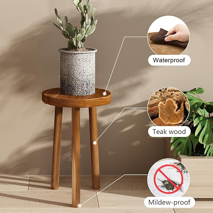 11.8" Round 18" Tall Wood Plant Stand | Teak Wood Accent Stool | Accent Table |Side Table