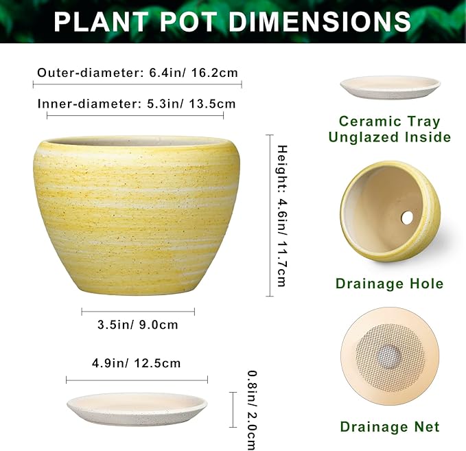 Ceramic Planter - 6 Inch Plant Pots for Indoor Outdoor Plants, Modern Indoor Flower Pots with Drainage Hole and Saucer, Round Planter, Bathroom Decor, House Warming Gifts, Textured Yellow
